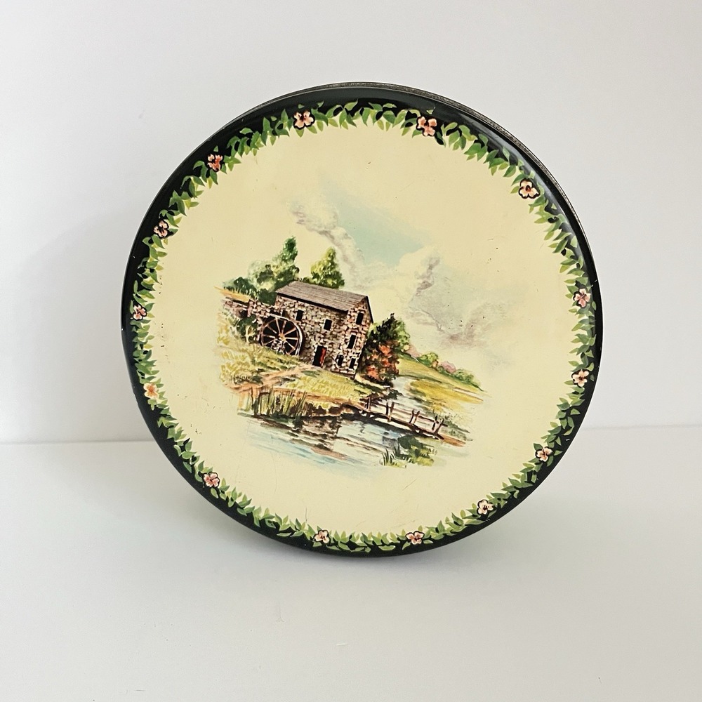Vintage sweet water mill tin green floral cottagecore decor grandmas house 6"